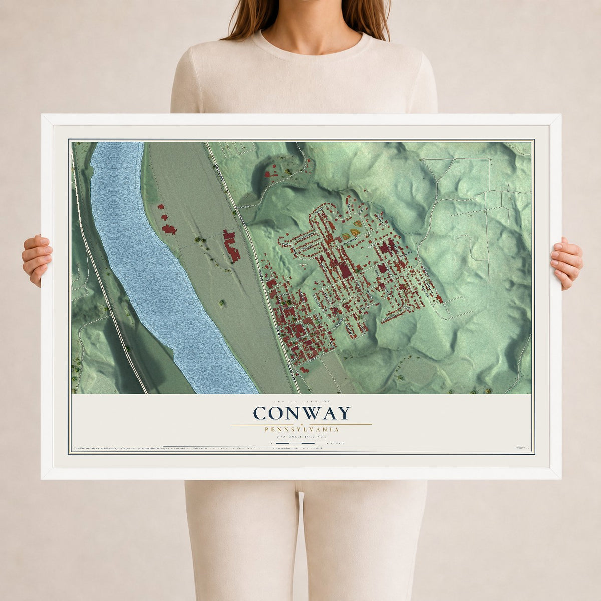 Map of Conway, Pennsylvania, 24 x 36 inch print in a white wood frame