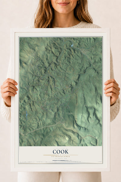 Map of Cook, Pennsylvania, 18 x 24 inch print in a white wood frame