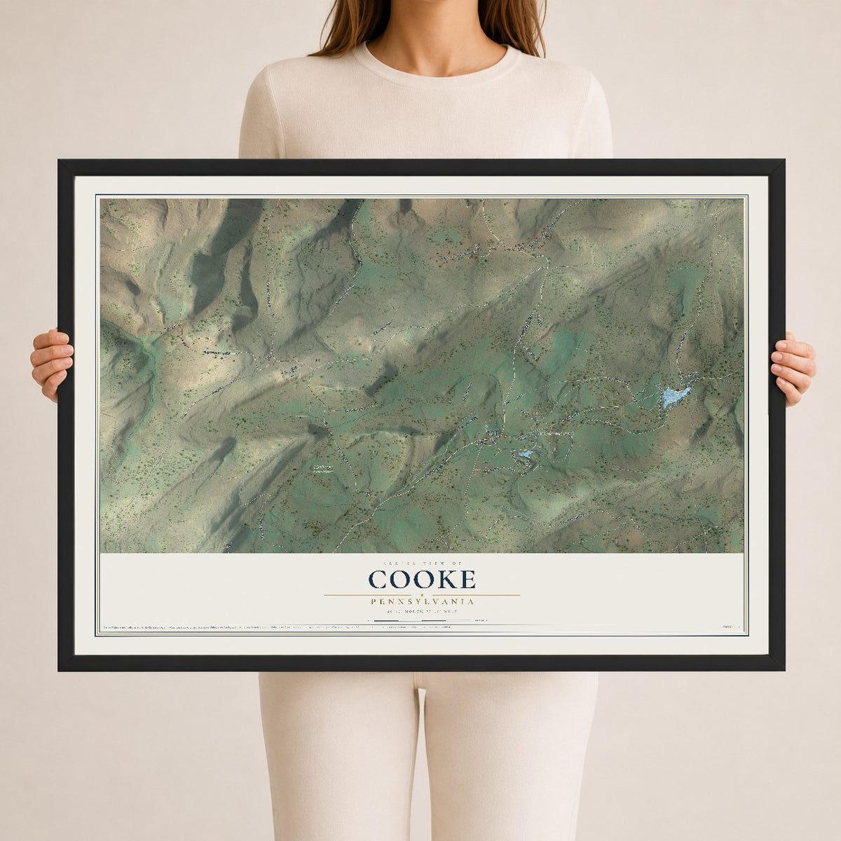 Map of Cooke, Pennsylvania, 24 x 36 inch print in a black wood frame