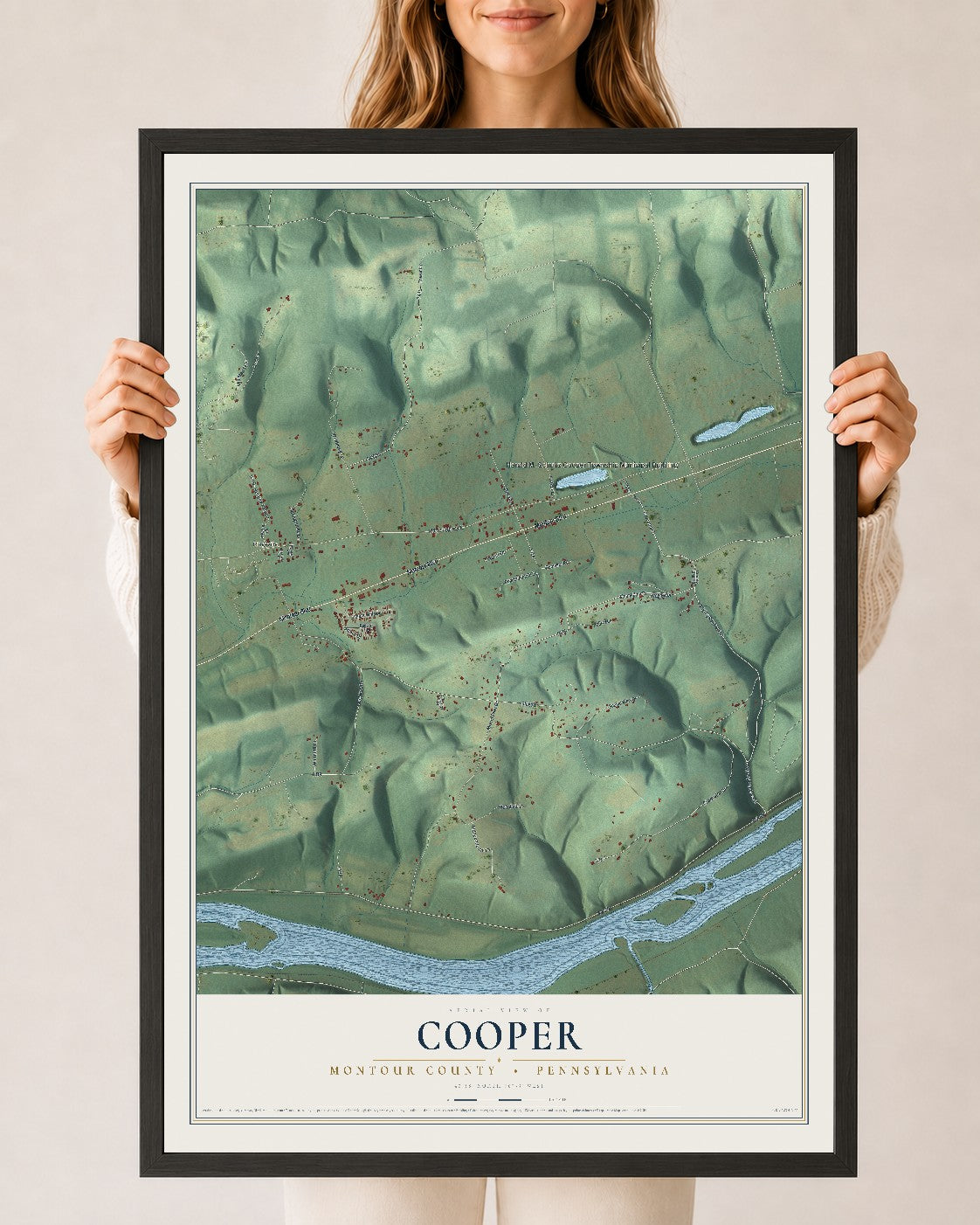 Map of Cooper, Montour County, Pennsylvania, 24 x 36 inch print in a black wood frame