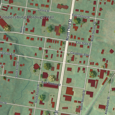 Close-up of the map of Coopersburg, Pennsylvania print showing street and building detail
