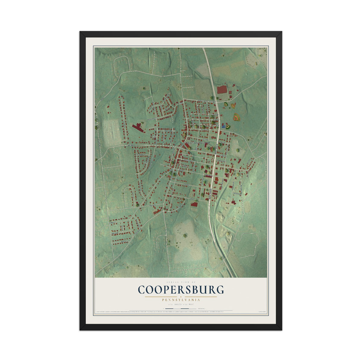 Map of Coopersburg, Pennsylvania, 12 x 18 inch print in a black wood frame