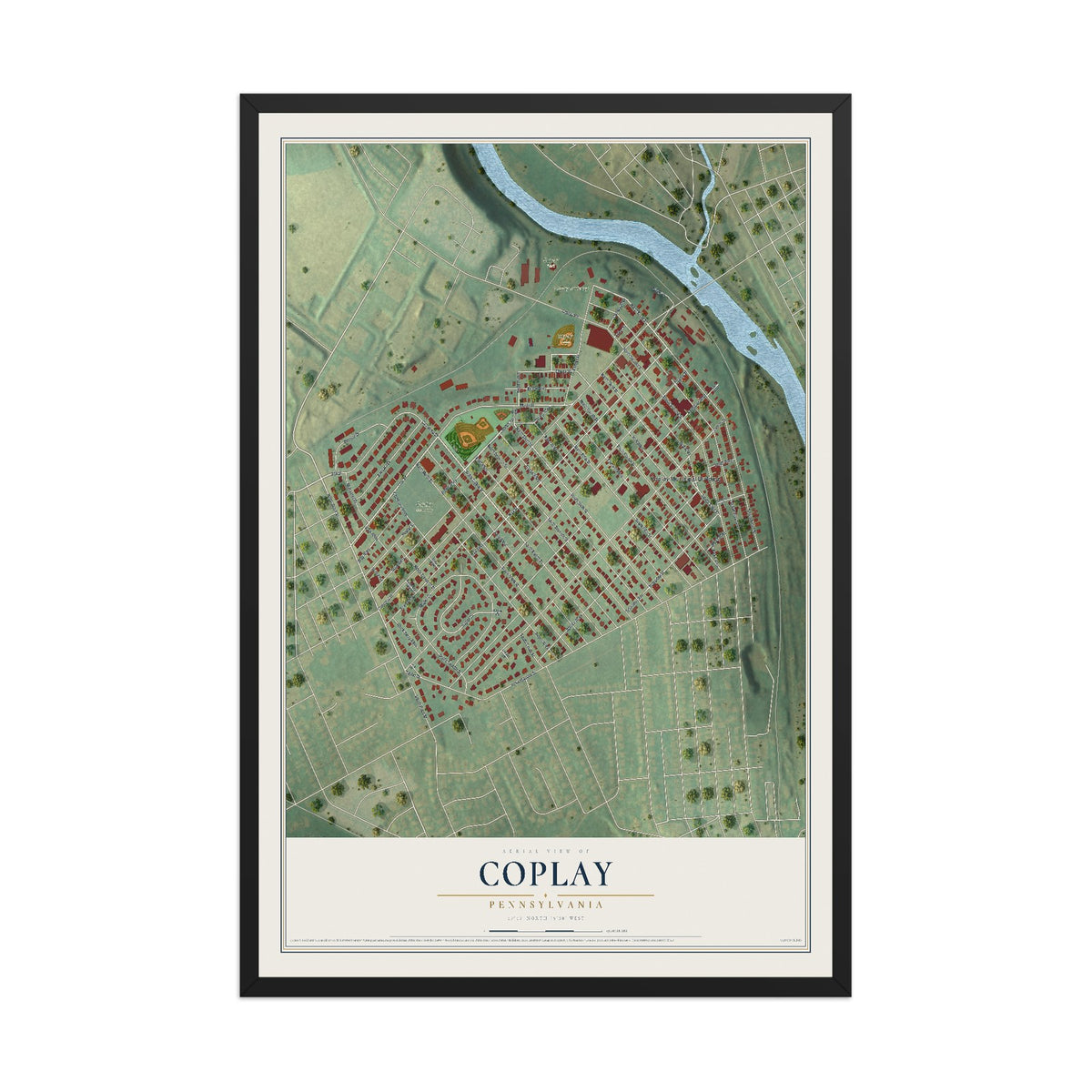 Map of Coplay, Pennsylvania, 12 x 18 inch print in a black wood frame