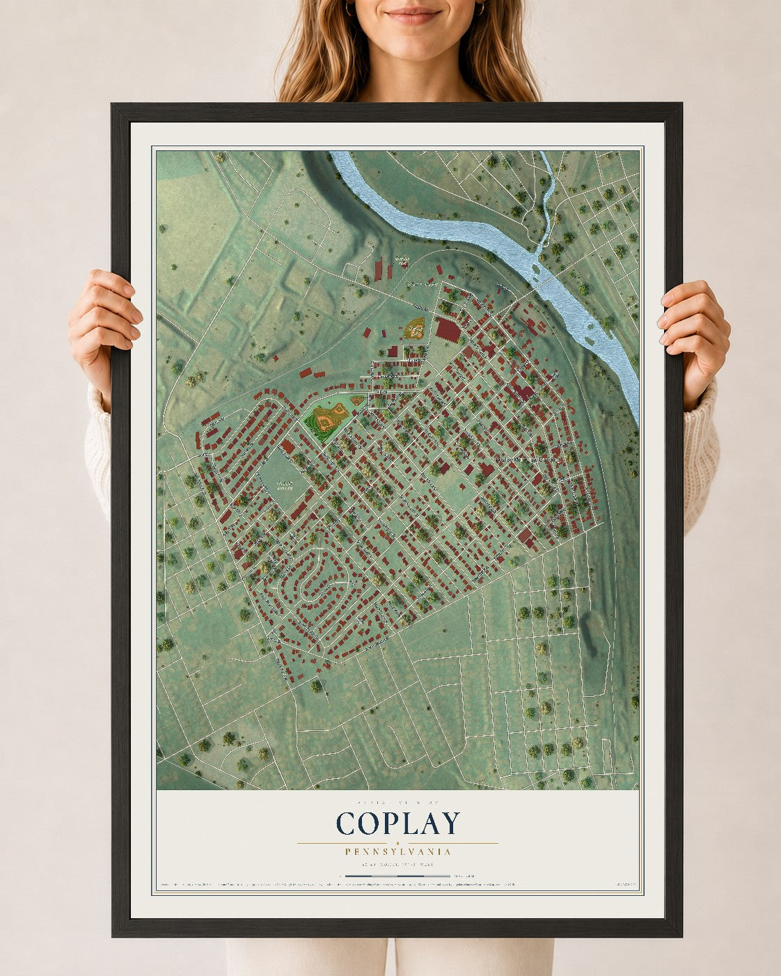 Map of Coplay, Pennsylvania, 24 x 36 inch print in a black wood frame