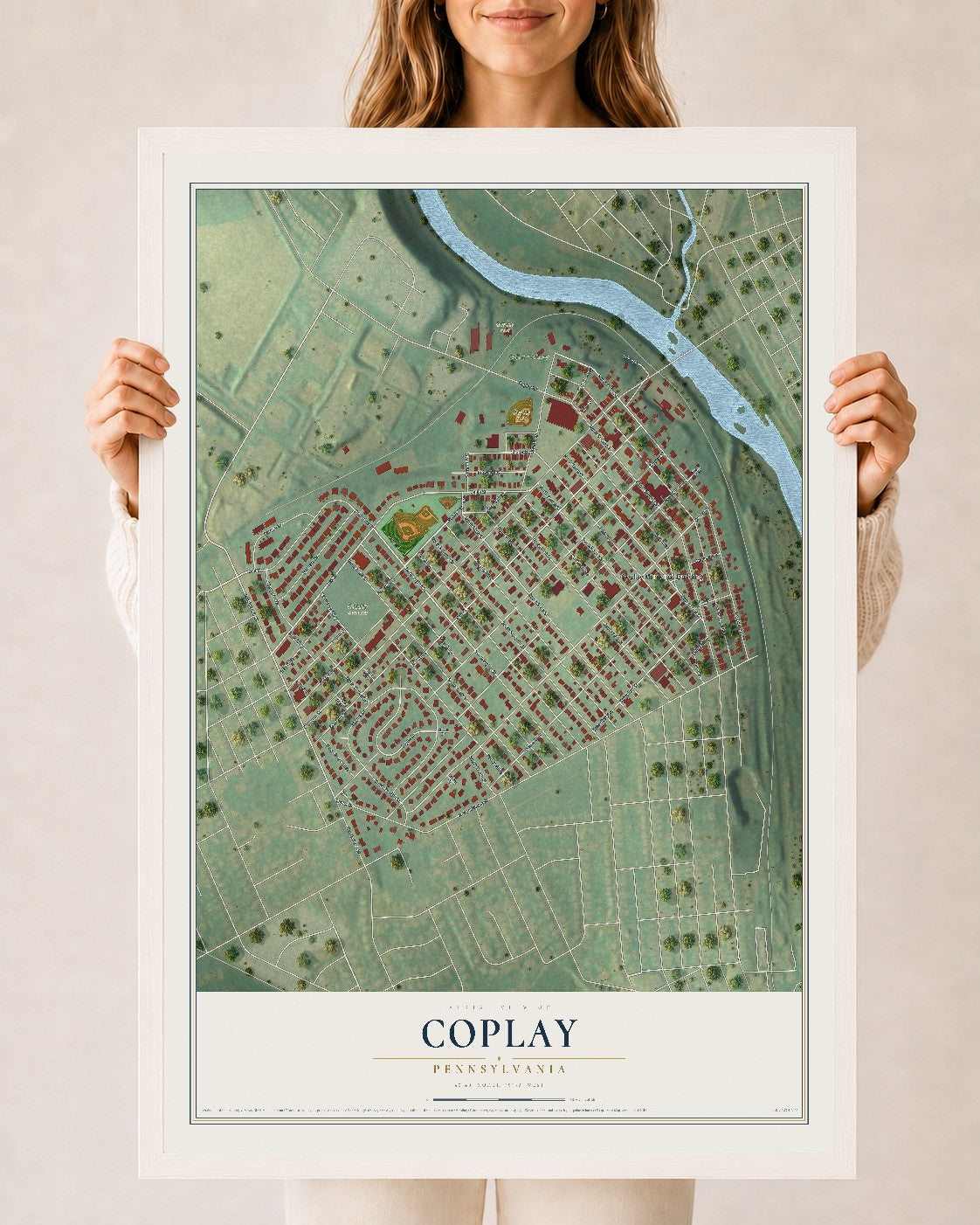 Map of Coplay, Pennsylvania, 24 x 36 inch print in a white wood frame
