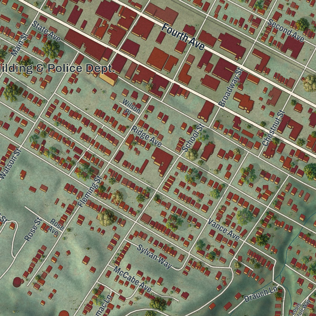 Close-up of the map of Coraopolis, Pennsylvania print showing street and building detail