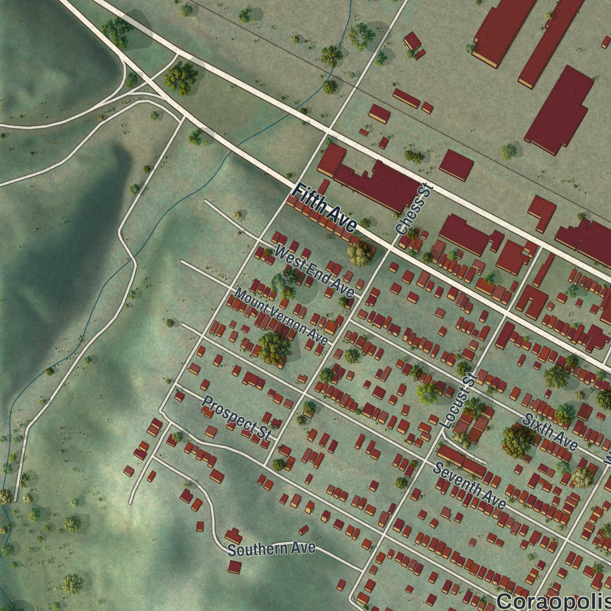 Second close-up of the map of Coraopolis, Pennsylvania print showing more streets and buildings