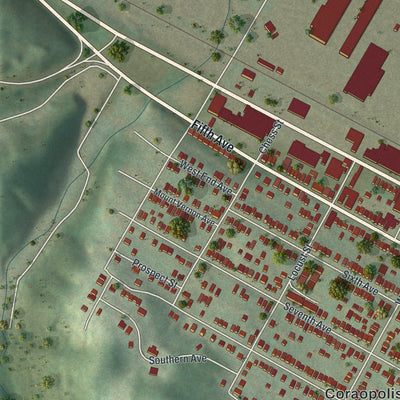 Second close-up of the map of Coraopolis, Pennsylvania print showing more streets and buildings