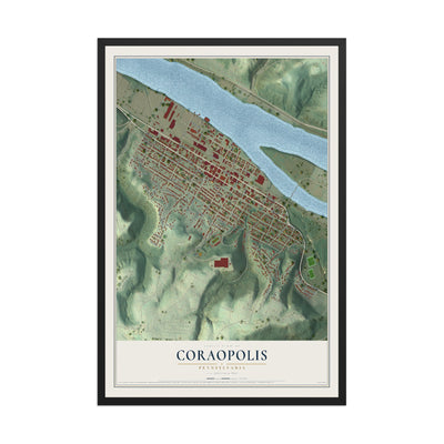 Map of Coraopolis, Pennsylvania, 12 x 18 inch print in a black wood frame