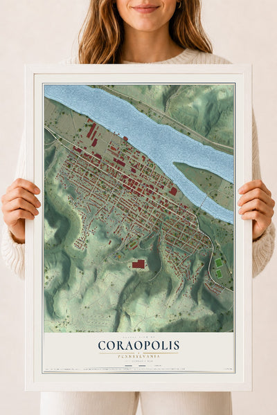 Map of Coraopolis, Pennsylvania, 18 x 24 inch print in a white wood frame