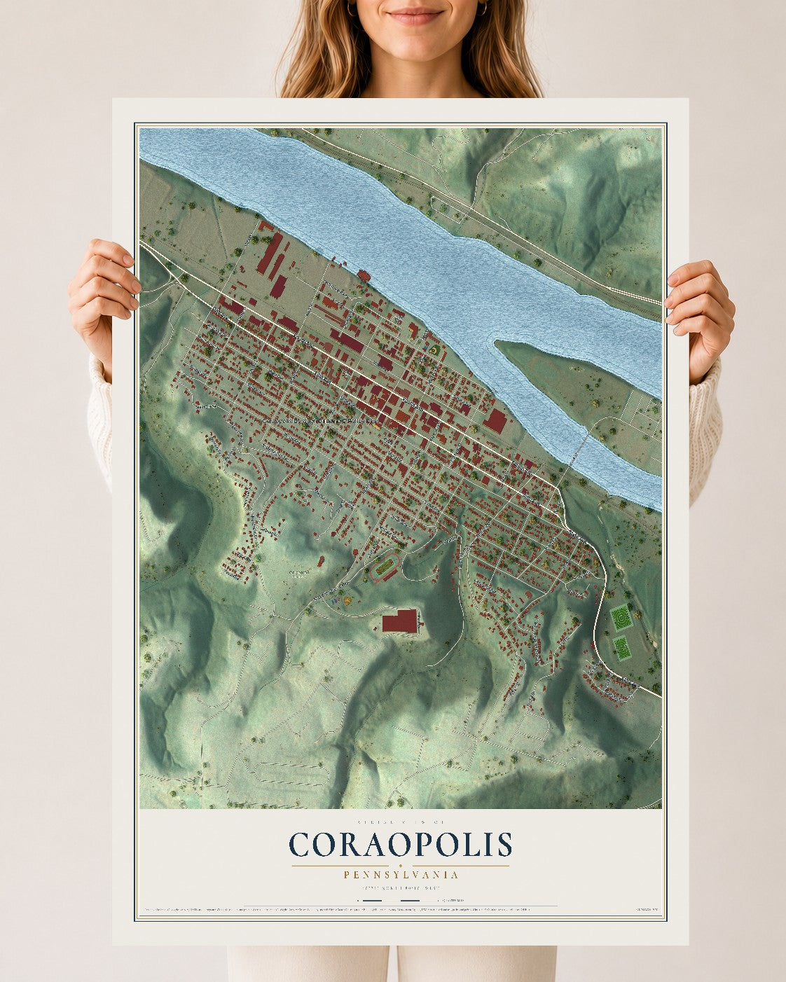Map of Coraopolis, Pennsylvania, 24 x 36 inch unframed archival matte print