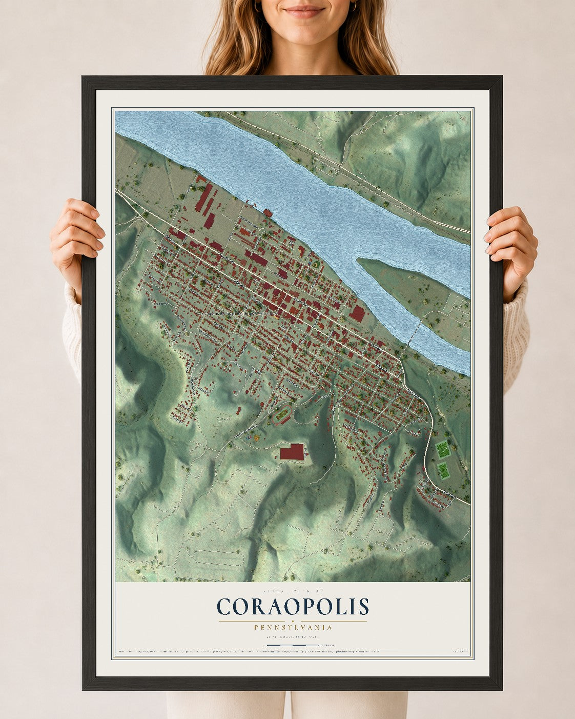 Map of Coraopolis, Pennsylvania, 24 x 36 inch print in a black wood frame