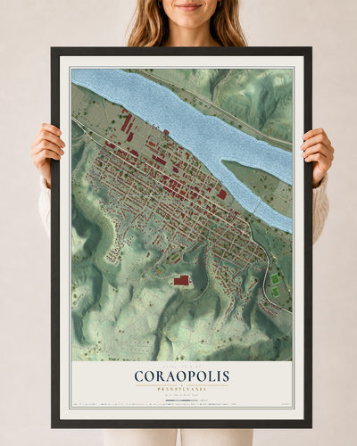 Map of Coraopolis, Pennsylvania, 24 x 36 inch print in a black wood frame