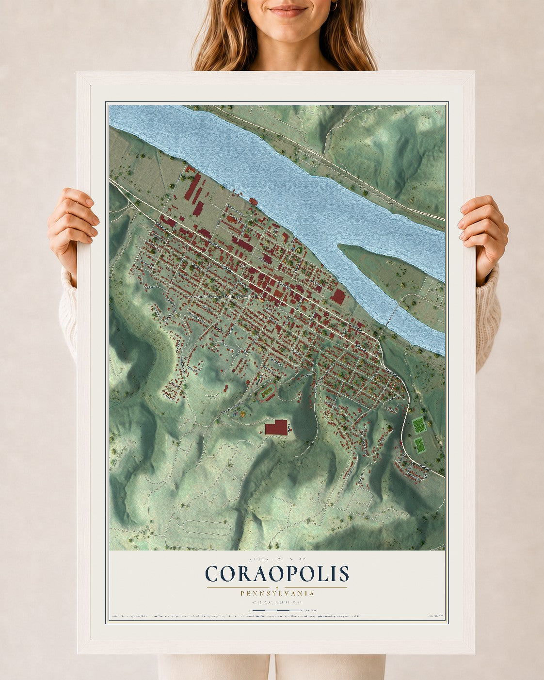 Map of Coraopolis, Pennsylvania, 24 x 36 inch print in a white wood frame