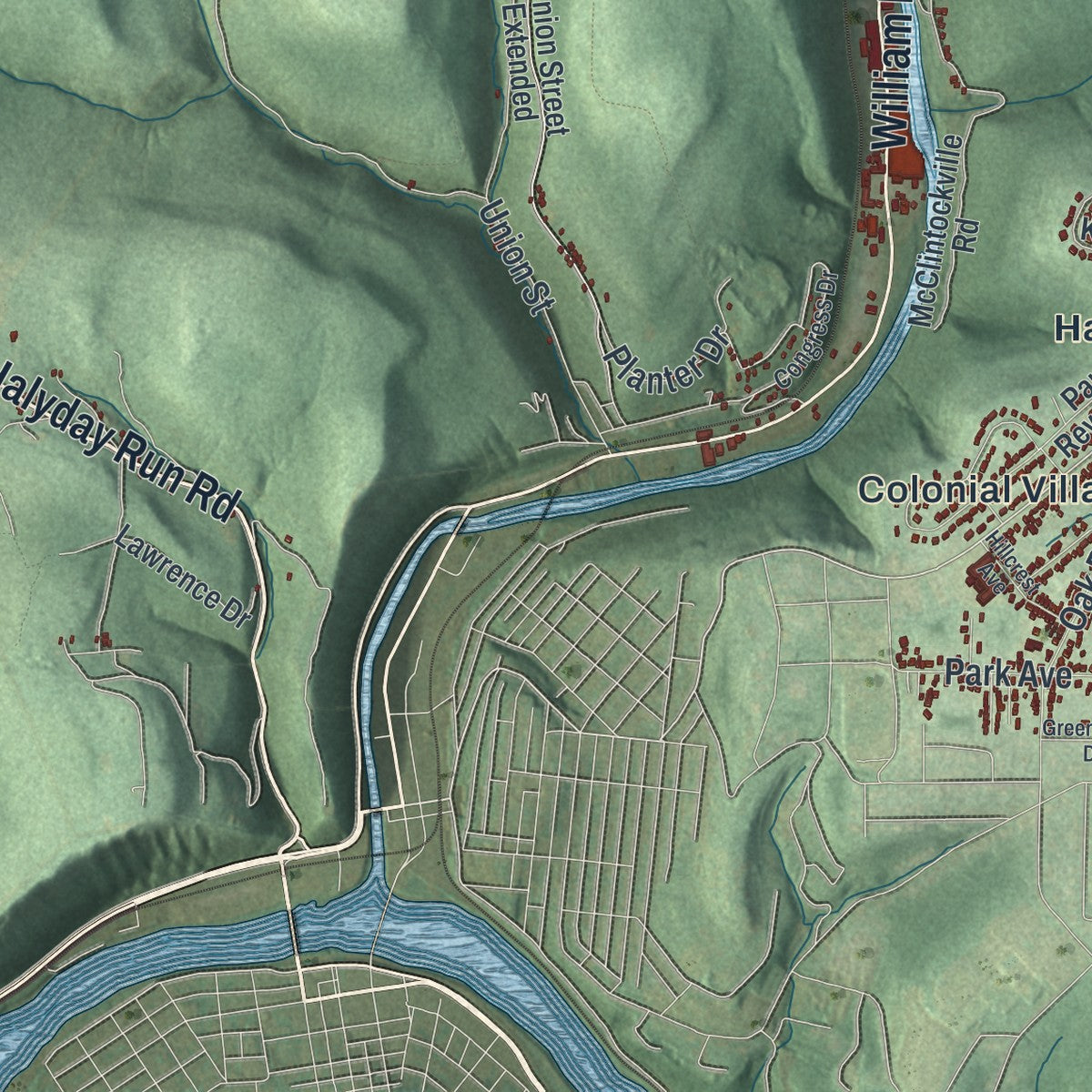 Close-up of the map of Cornplanter, Pennsylvania print showing street and building detail