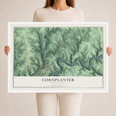 Map of Cornplanter, Pennsylvania, 24 x 36 inch print in a white wood frame