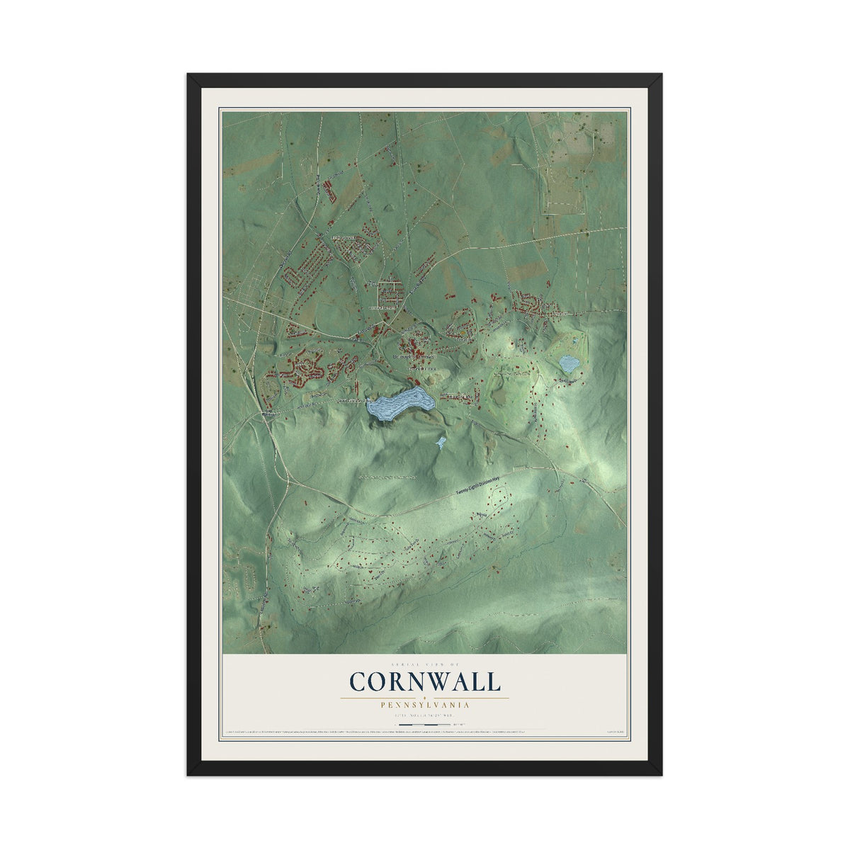 Map of Cornwall, Pennsylvania, 12 x 18 inch print in a black wood frame