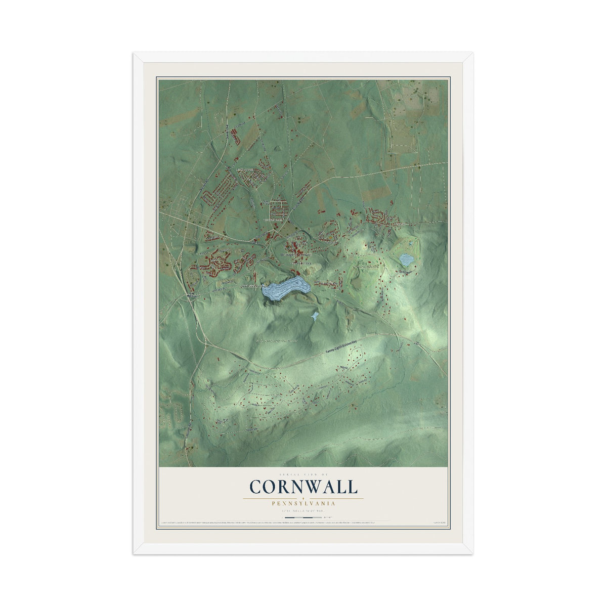 Map of Cornwall, Pennsylvania, 12 x 18 inch print in a white wood frame