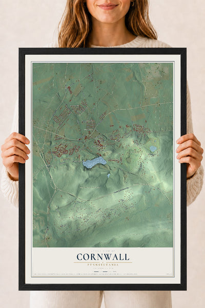 Map of Cornwall, Pennsylvania, 18 x 24 inch print in a black wood frame