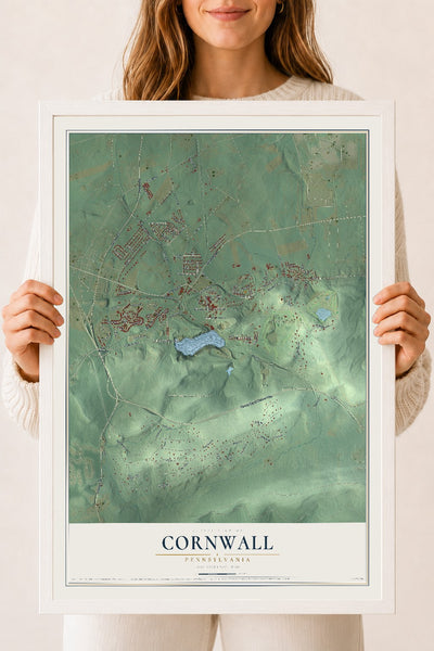 Map of Cornwall, Pennsylvania, 18 x 24 inch print in a white wood frame