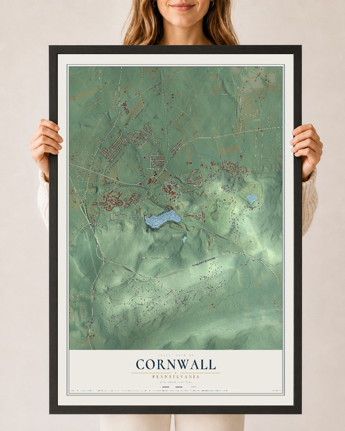 Map of Cornwall, Pennsylvania, 24 x 36 inch print in a black wood frame