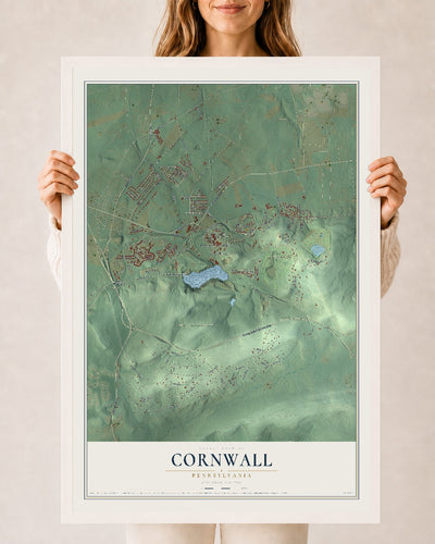 Map of Cornwall, Pennsylvania, 24 x 36 inch print in a white wood frame