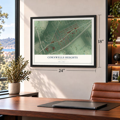 Cornwells Heights, Pennsylvania map, 18 x 24 inch print in a black frame in a home office