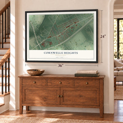 Cornwells Heights, Pennsylvania map, 24 x 36 inch print in a black frame above a dresser by a staircase