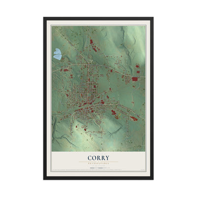 Map of Corry, Pennsylvania, 12 x 18 inch print in a black wood frame