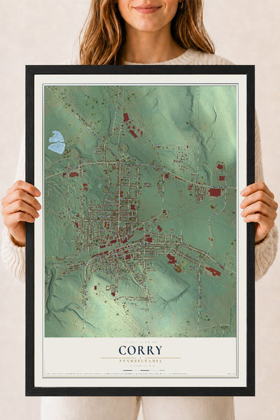 Map of Corry, Pennsylvania, 18 x 24 inch print in a black wood frame