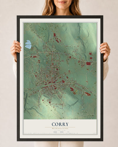 Map of Corry, Pennsylvania, 24 x 36 inch print in a black wood frame