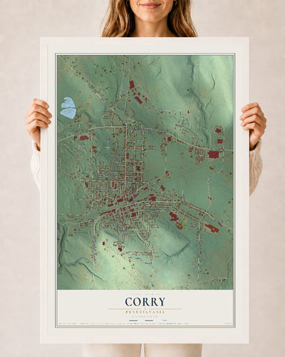 Map of Corry, Pennsylvania, 24 x 36 inch print in a white wood frame