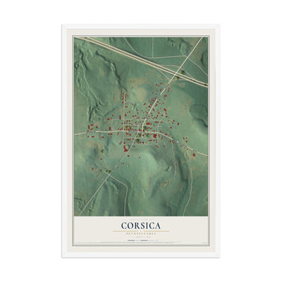 Map of Corsica, Pennsylvania, 12 x 18 inch print in a white wood frame