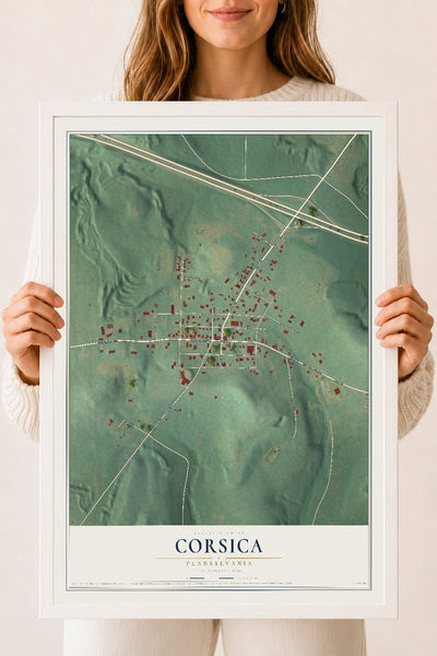 Map of Corsica, Pennsylvania, 18 x 24 inch print in a white wood frame
