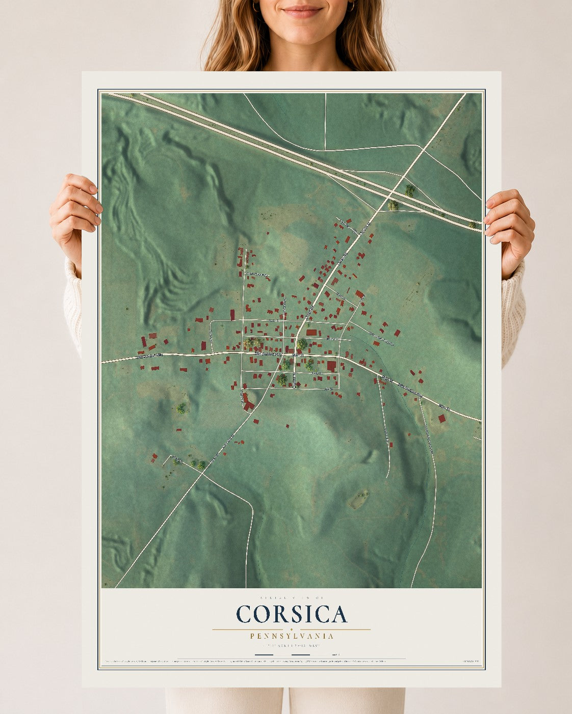 Map of Corsica, Pennsylvania, 24 x 36 inch unframed archival matte print