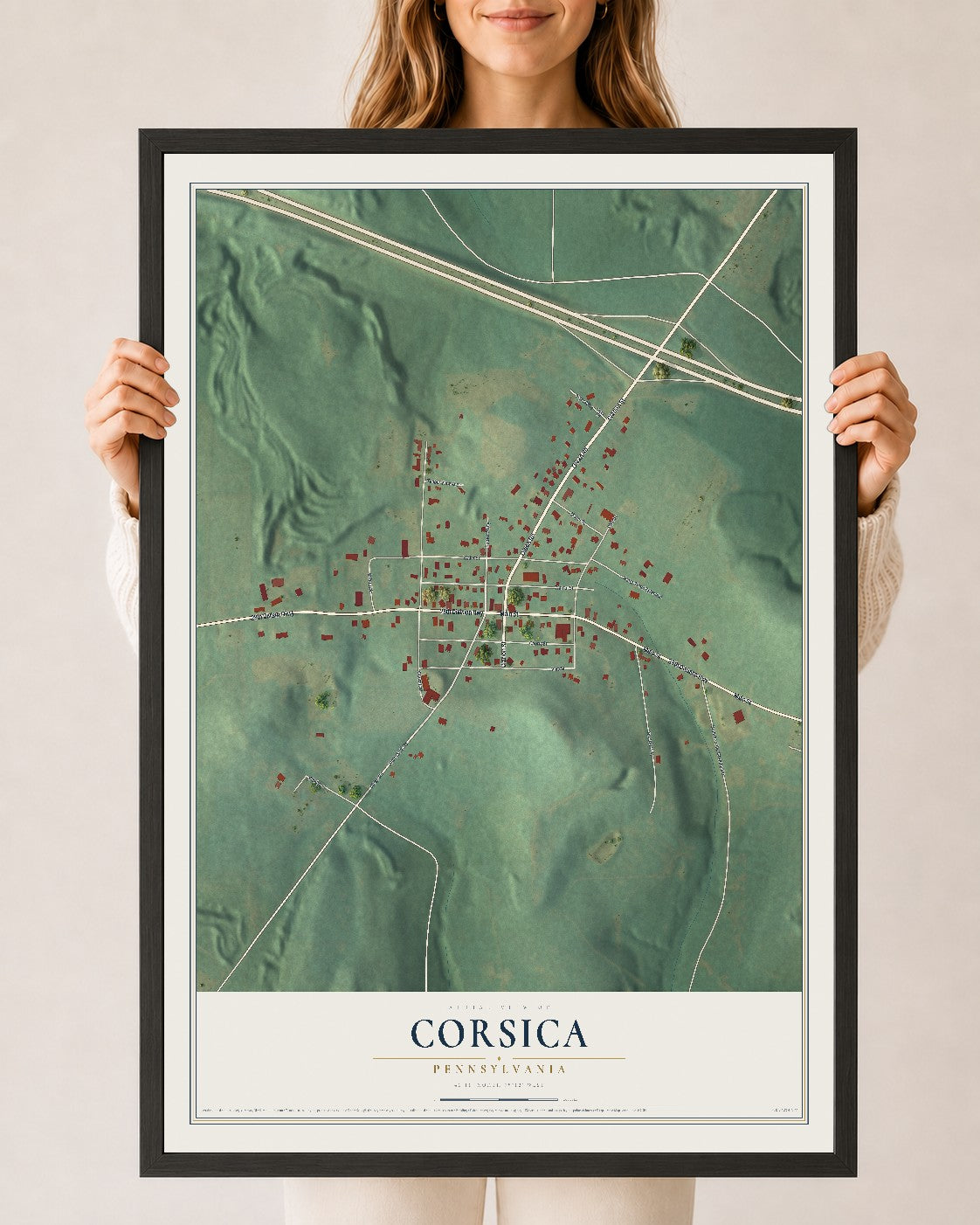 Map of Corsica, Pennsylvania, 24 x 36 inch print in a black wood frame