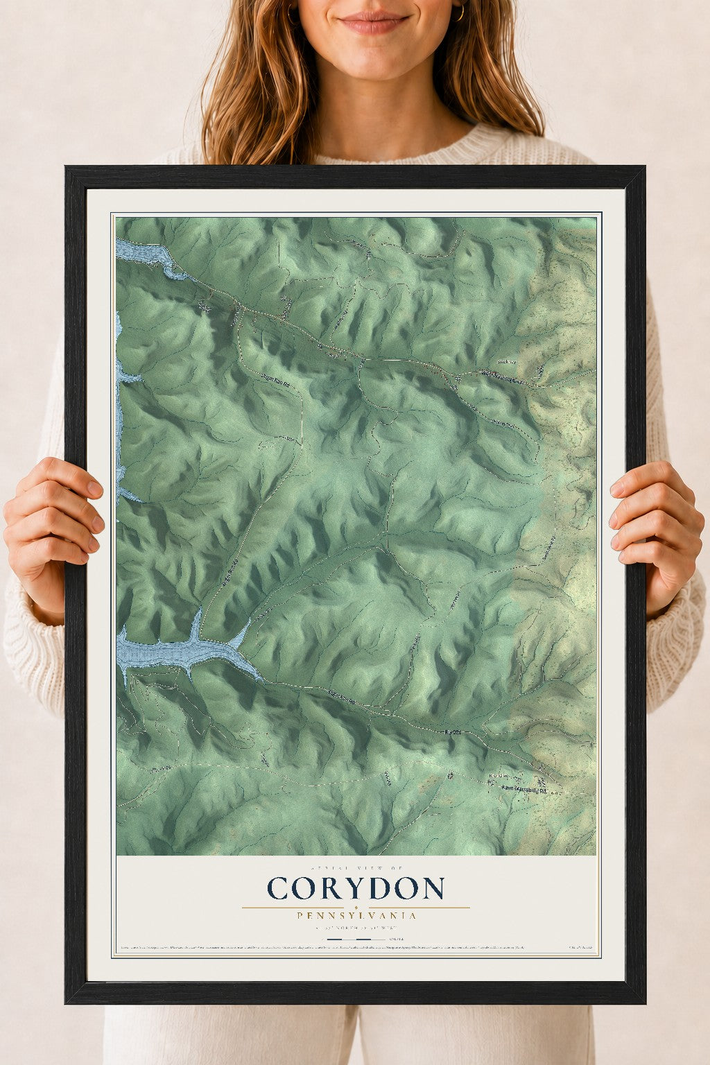 Map of Corydon, Pennsylvania, 18 x 24 inch print in a black wood frame