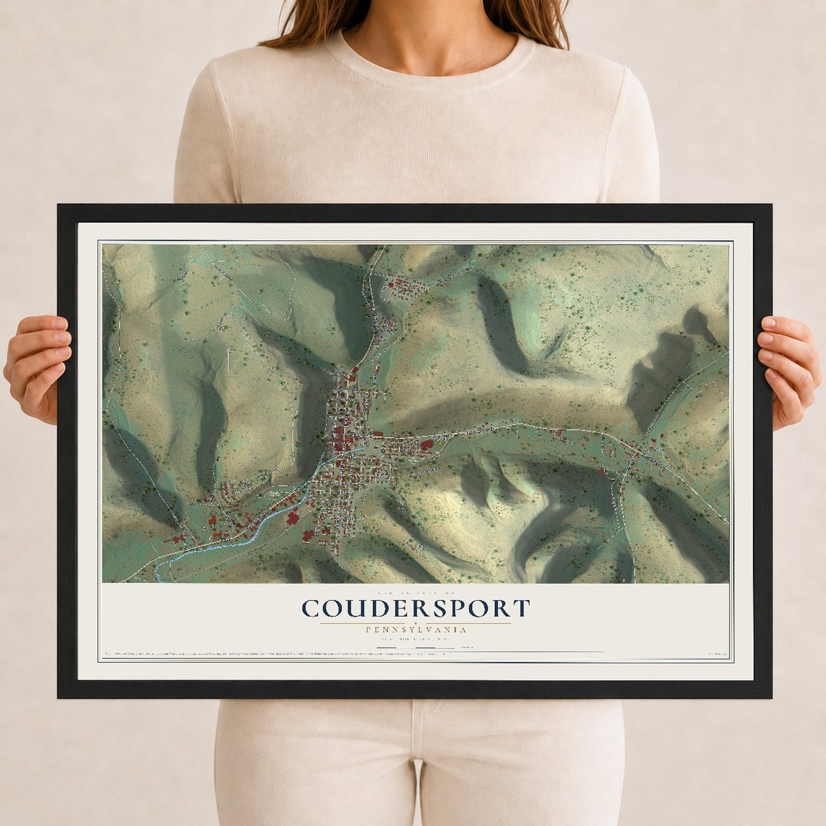 Map of Coudersport, Pennsylvania, 12 x 18 inch print in a black wood frame