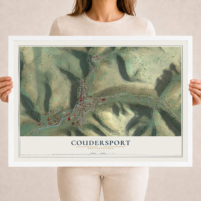 Map of Coudersport, Pennsylvania, 18 x 24 inch print in a white wood frame