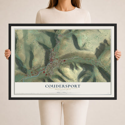 Map of Coudersport, Pennsylvania, 24 x 36 inch print in a black wood frame