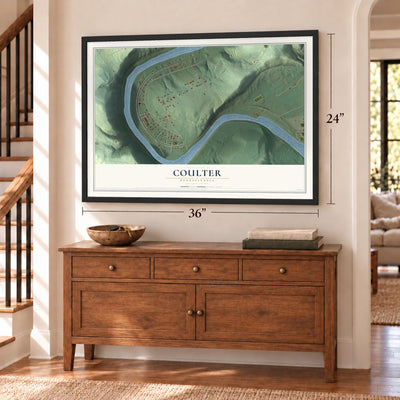 Coulter, Pennsylvania map, 24 x 36 inch print in a black frame above a dresser by a staircase