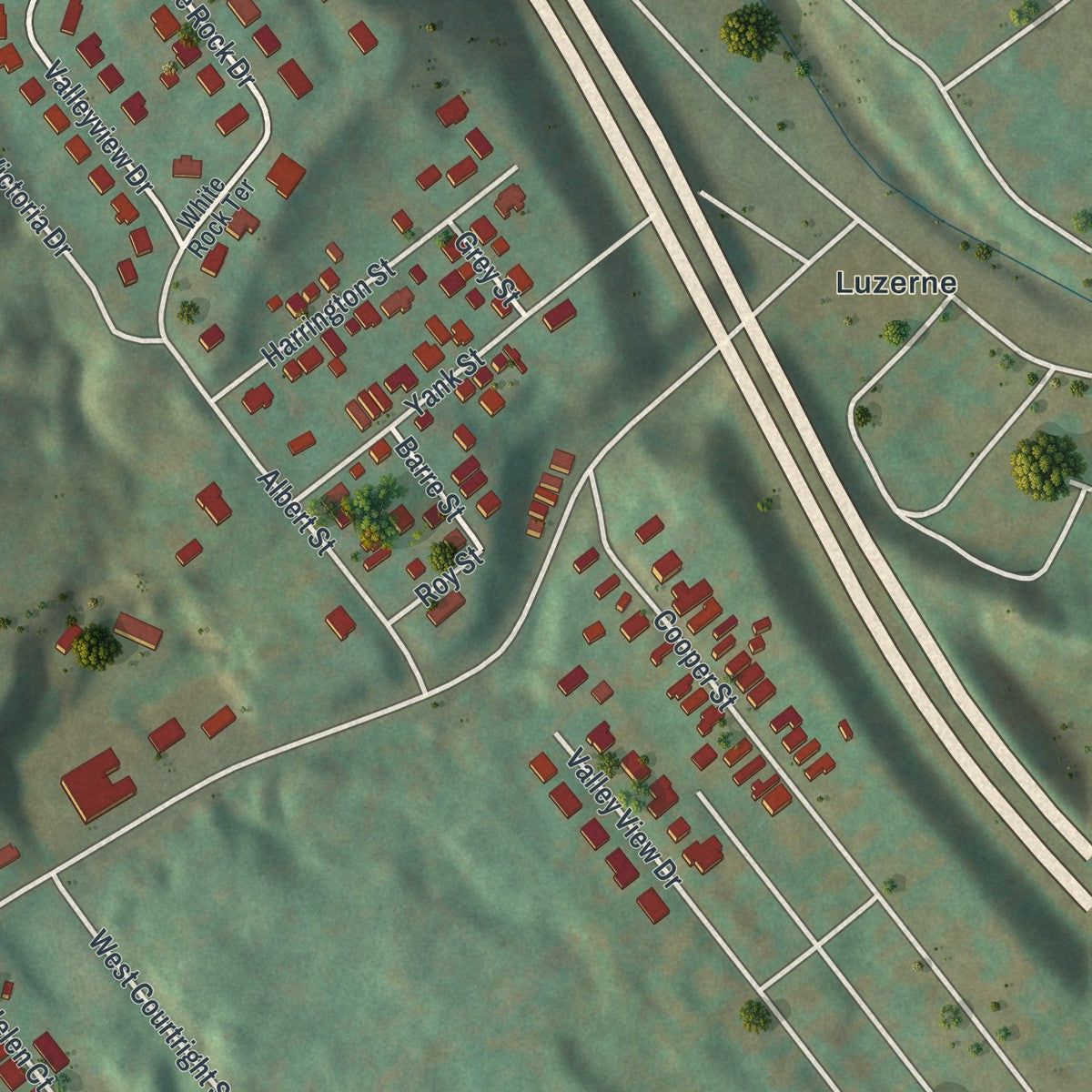 Close-up of the map of Courtdale, Pennsylvania print showing street and building detail