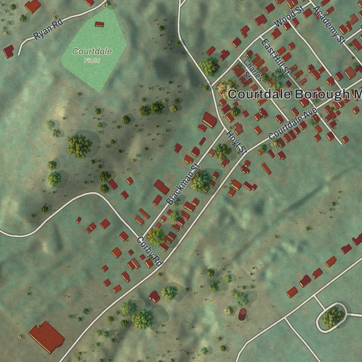 Second close-up of the map of Courtdale, Pennsylvania print showing more streets and buildings