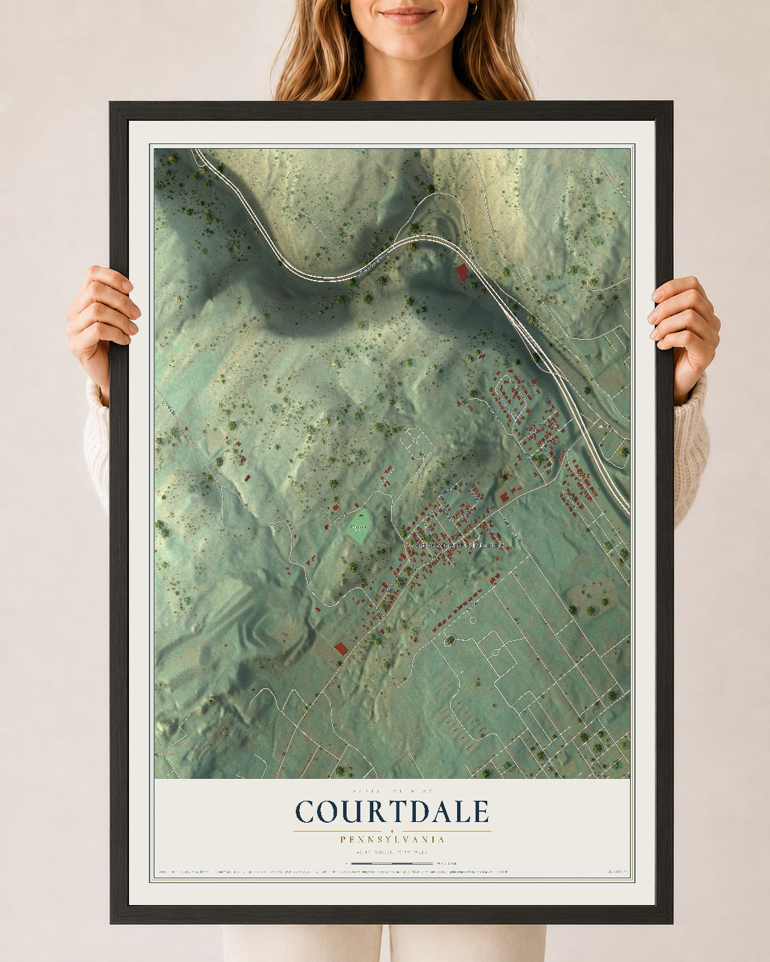 Map of Courtdale, Pennsylvania, 24 x 36 inch print in a black wood frame