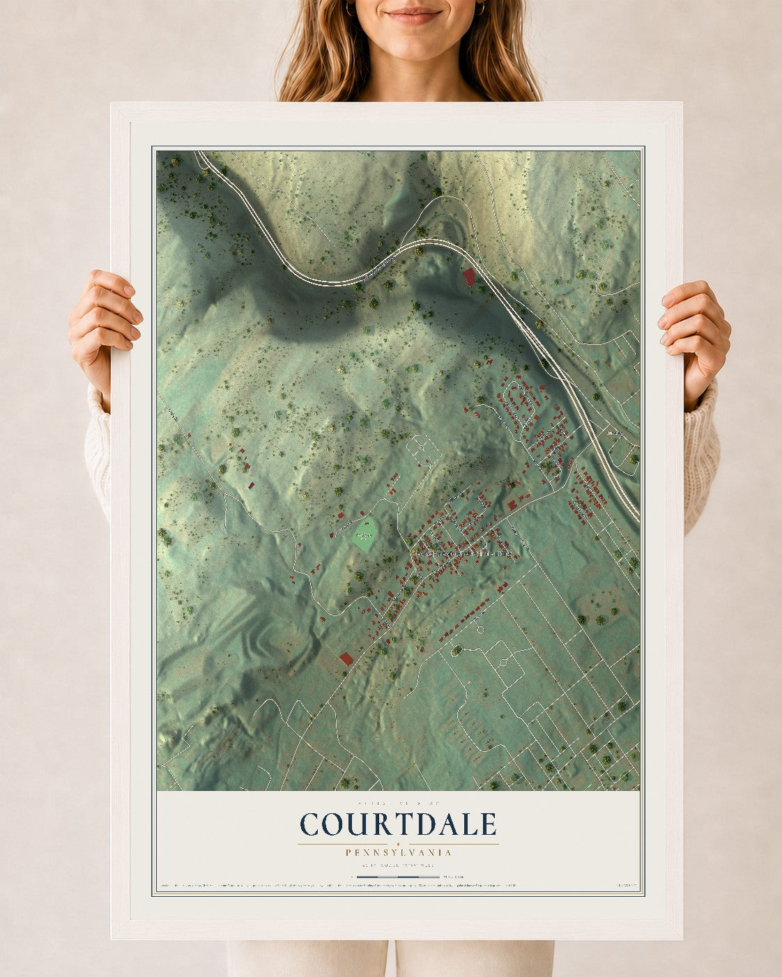 Map of Courtdale, Pennsylvania, 24 x 36 inch print in a white wood frame
