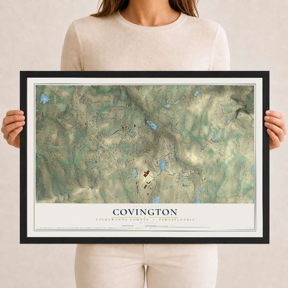 Map of Covington, Lackawanna County, Pennsylvania, 12 x 18 inch print in a black wood frame