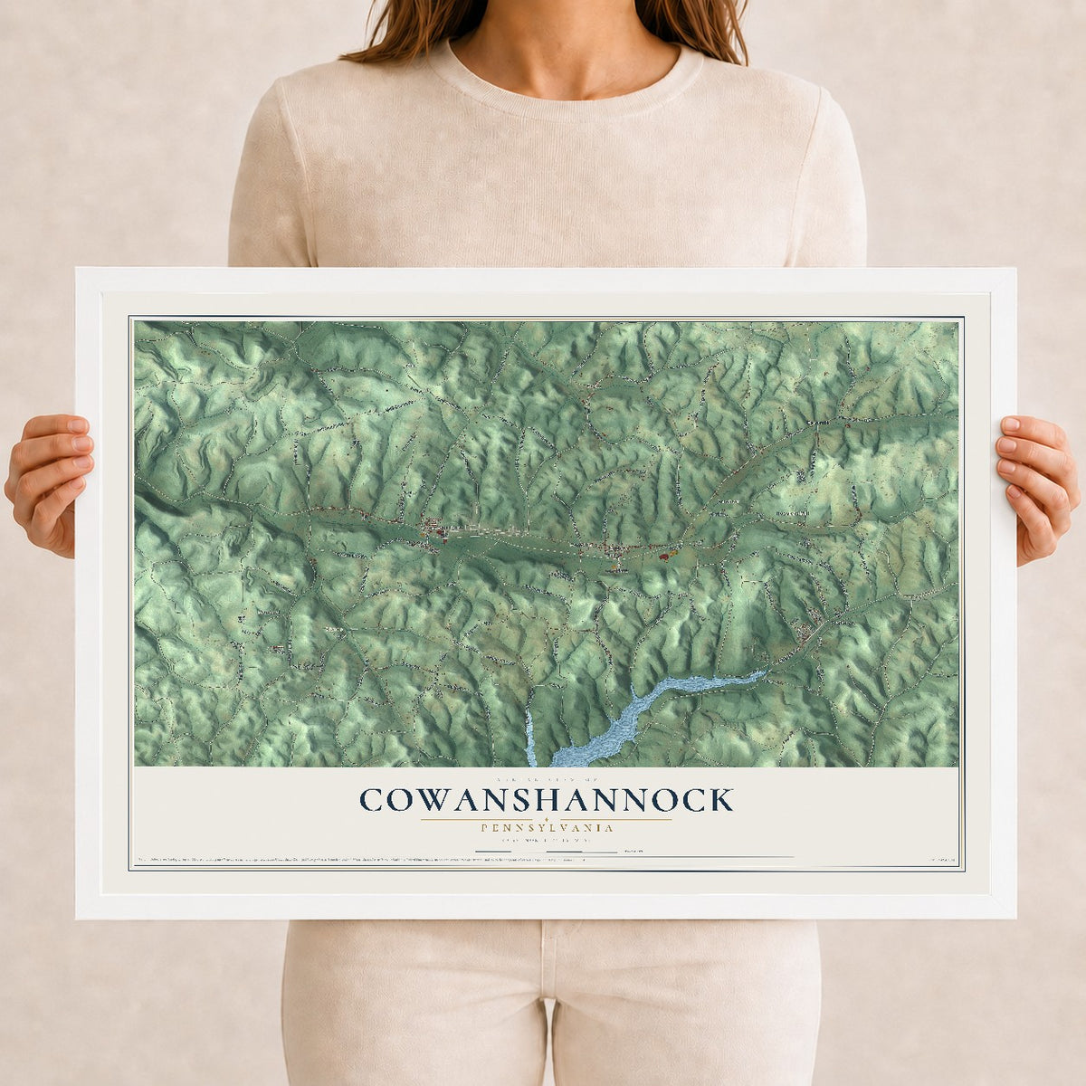 Map of Cowanshannock, Pennsylvania, 12 x 18 inch print in a white wood frame