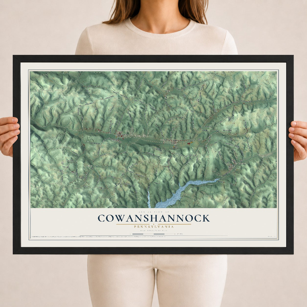 Map of Cowanshannock, Pennsylvania, 18 x 24 inch print in a black wood frame