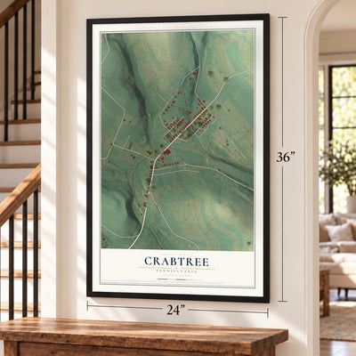 Crabtree, Pennsylvania map, 24 x 36 inch print in a black frame by a staircase
