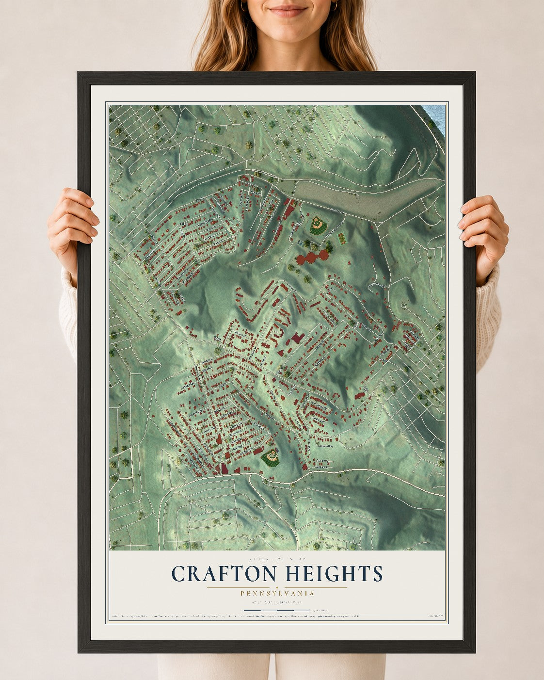 Map of Crafton Heights, Pennsylvania, 24 x 36 inch print in a black wood frame